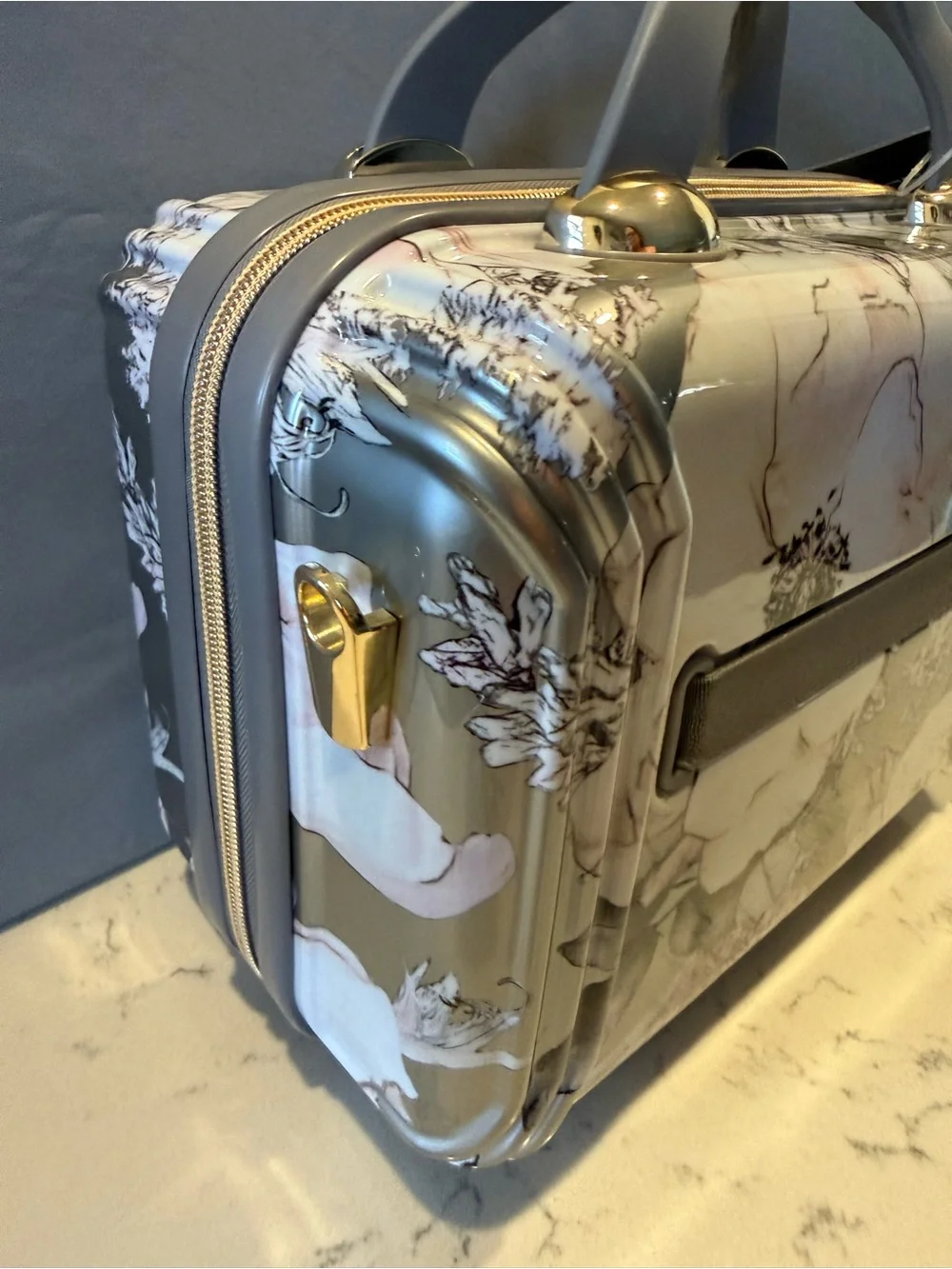 Floral Print Metallic Makeup Case - Rose Gold